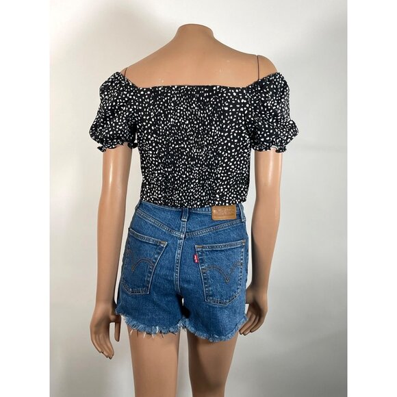 NWT Bar III Smocked Off-The-Shoulder Crop Top Black & White Dash Dot - Picture 6 of 7